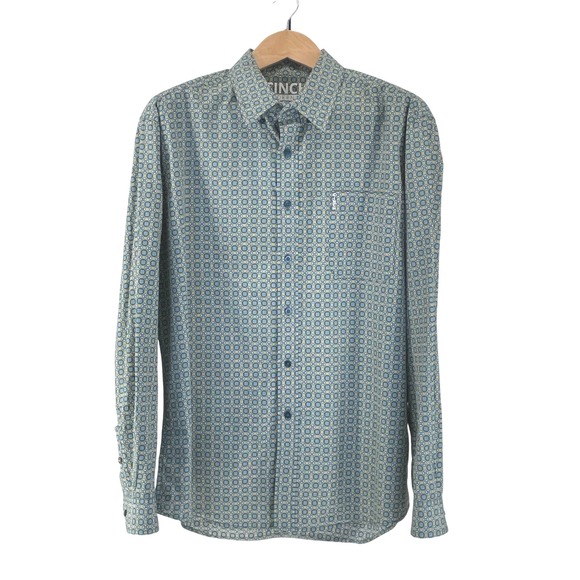 CINCH Modern Fit Long Sleeve Button Down Shirt Mens Size L Geometric Blue Yellow - Picture 2 of 10